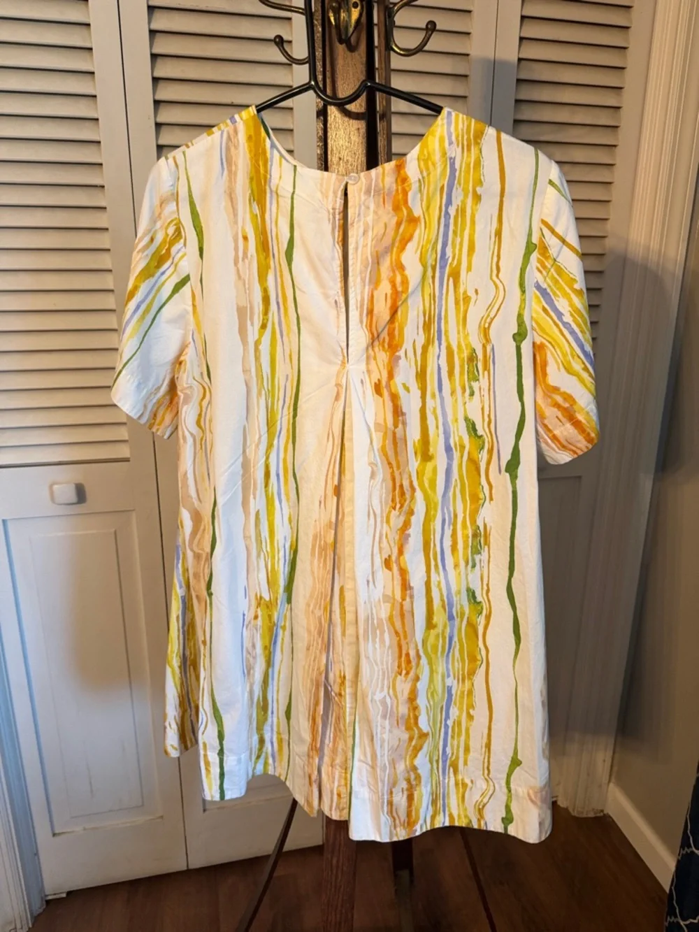 Maeve Short-Sleeve A-Line Mini Dress in Yellow and Green Watercolor Stripe - Picture 3 of 3